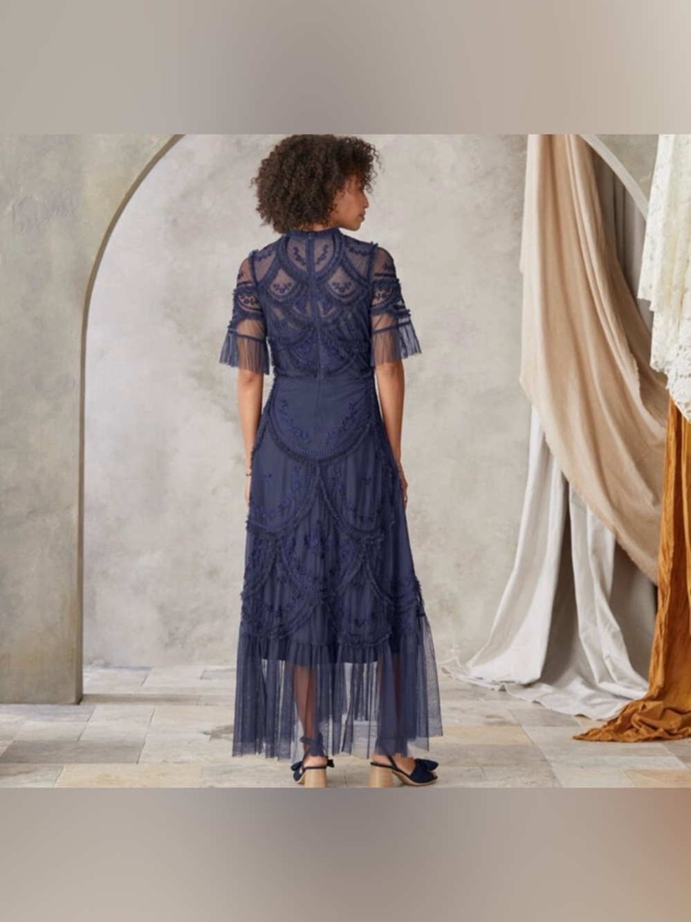Tolani Shantel Embroidered Mesh Midi Dress Navy Women's Petite XS NWT - Picture 3 of 8